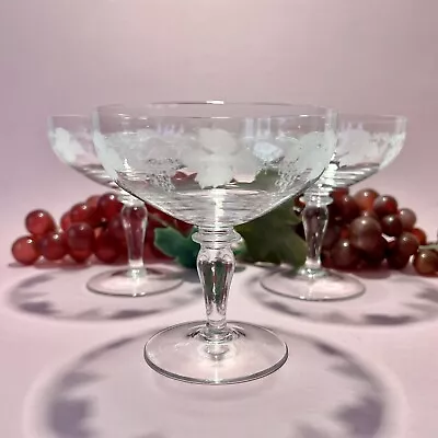 3 Vintage Bohemia Champagne Coupes. Grapevine Etched. Czechoslovakia  150ml. • $38