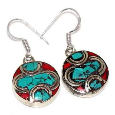 12gms Chunky Tibetan Turquoise Red Coral Nepali Tribal Earrings 1.5  JW • $4