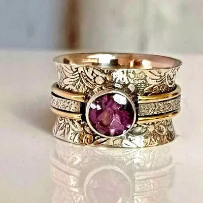 Meditation Amethyst Ring 925 Sterling Silver Handmade Spinner Band Ring AP816 • £10.73