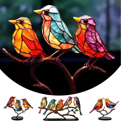 Stained Glass Metal Birds On Branch Desktop Ornament Vivid Craft Desktop Decor • £11.49