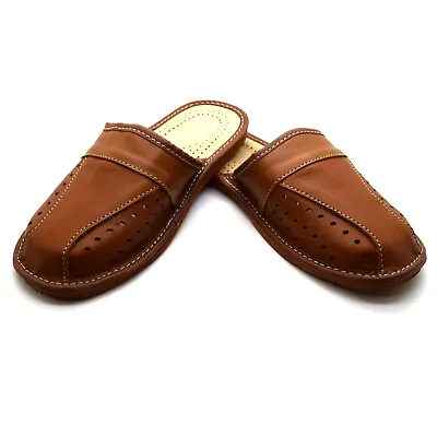 Mens Leather Slippers Shoes Size 6-12 Comfort Sandals Slip On Mules Brown New • £10.99