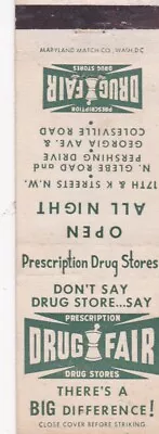 Drug Fair Drug Stores Maryland Virginia Washington DC Matchbook Cover 1950's • $1.19