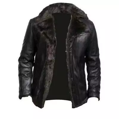 Mens Aviator Shearling Bomber Black Genuine Sheepskin Biker Leather Jacket • $161.99