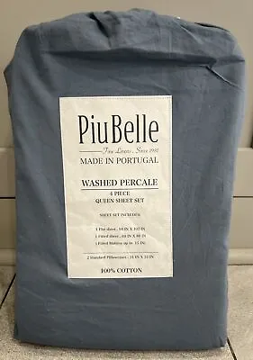 PiuBelle Piu Belle Portugal 100% Cotton Percale QUEEN SHEET SET Stone Blue NWT • £65.06