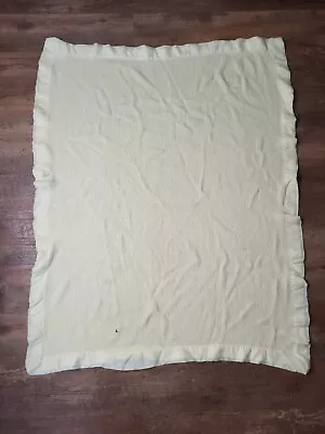 Vintage Waffle Knit Thermal Baby Blanket Yellow Satin Trim 48”x34” • $39.99