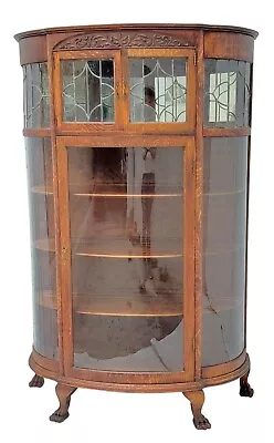 Victorian Oak Bowed Curved Glass China Cabinet With Leaded Glass & Claw Feet • $2995