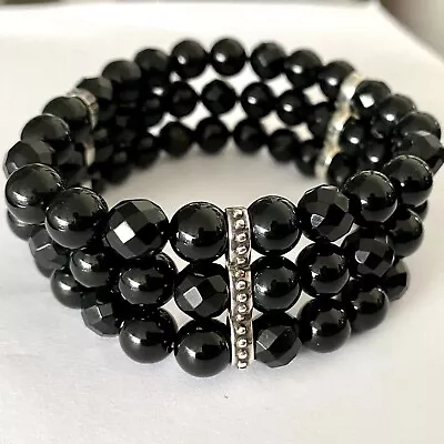 Black Agate Stretch Bracelet 925 Sterling Silver Triple Strand Gemstones • £65