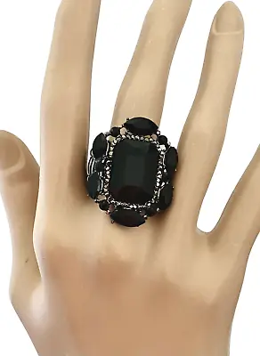 Vintage Inspired Black Acrylic Crystals Adjustable Stretchable Statement Ring • $17.10