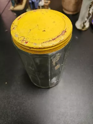 Empty Old 1970's Clear Glass 4x8 Jar W Vintage Yellow Tin Metal Wide Screw Lid • $1