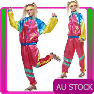 Ladies 80s Retro Neon Costume Pink 1980s Height Fashion Tracksuit Shell Party • $41.99