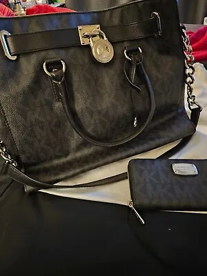 Michael Kors Hamilton Satchel Bag With Silver Chain - Black With Matching Wallet • $130