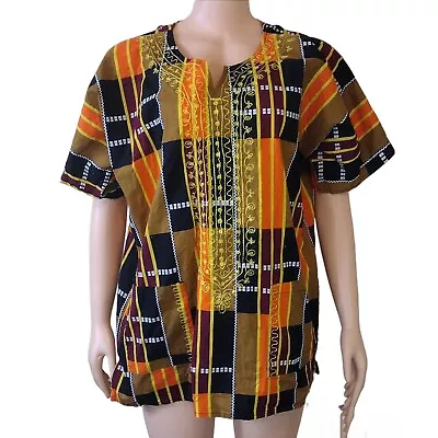 African Embroidered Dashiki In Orange Purple Yellow With Pockets Large • $16.99