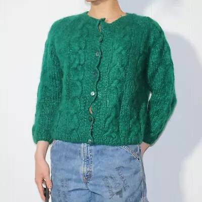 Vintage 50s Famelia Italy Green Mohair Knit Sweater ¾ Cardigan XS Mohair Angora • $30