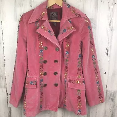 Vtg Lucky Brand Floral Embroidered Velvet Double Button Jacket Pink S (XS • $35