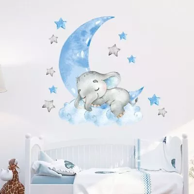 Baby Boy Elephant Sleeping Moon Wall Stickers For Kids Room Nursery Decorations • £5.02