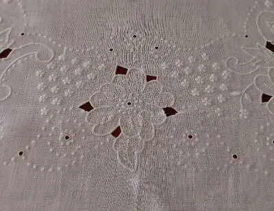 Vintage Madeira Linen Tablecloth White Floral Cutwork Embroidery Linen 50  • $26.39