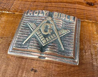 Antique Heavy Cast Holy Bible Masonic Compass Desk Art Paperweight Plaque Statue • $149.94