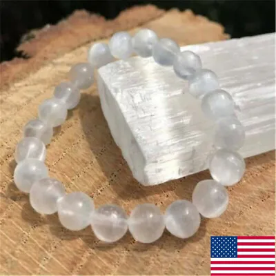 8mm Reiki Healing Crystal Natural Selenite Bracelet Gemstone Beads Stone Pray US • $2.01