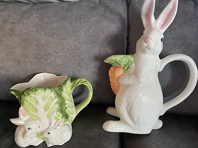 Ceramic Cabbage Rabbit Easter Bunny  White Pitcher. 5 “ Tall • $15