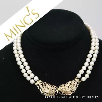 Ming's Double Phoenix Clasp 14K Yellow Gold Double Strand Pearl Choker Necklace • $1900