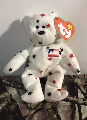 TY Teenie Original Beanie Glory Teddy Bear Plush 5  Blue Red Stars 1993  • $3.60