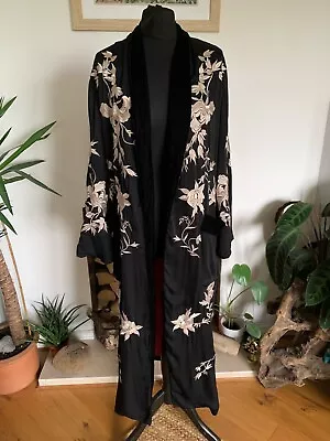 ZARA Black Floral Embroidered Velvet Detail KIMONO Cover Up Jacket Robe - Size S • $21.17