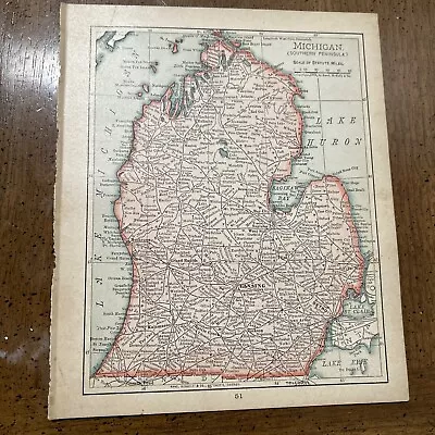 Rand McNally & Co Antique 1904 Map Of Michigan (Southern Peninsula) 7x6 Inches • $9.75