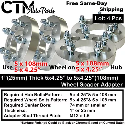 4x 1  Thick 5x4.25(5x108) 74mm CB Wheel Spacer Adapters Fit Ford Lincoln Mercury • $82.79