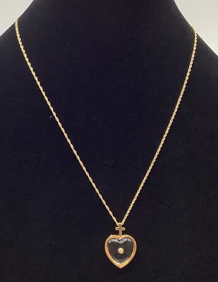 Mustard Seed In Lucite Heart W/ Cross & 20” Chain Faith Necklace Gold Tone  NOS • $26