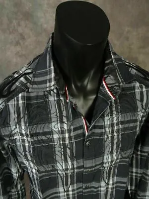Mens Western Style Shirt Grey Plaid Embroidery Front Back Long Sleeve Button Up • $9.99