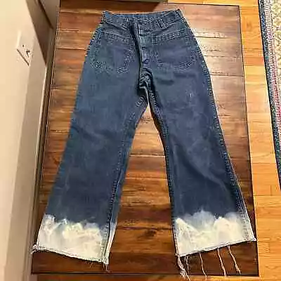 Vintage 70s Navdungaree Tie Dye Bottom Raw Hem Navy Sailor Bellbottom Jeans  • $45