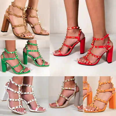 £14.99 • Buy Womens Block High Heels Studded Strappy Party Wedding Shoes Sandals Open Toe New