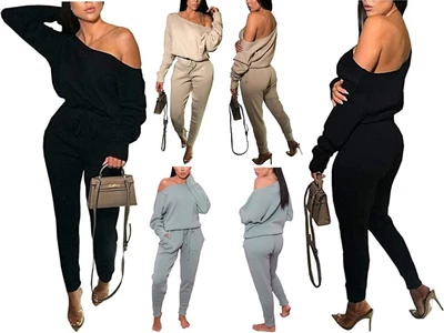 £20.99 • Buy Women's 2Pcs Top Bottom Set Loungewear Ladies Knitted Off The Shoulder Tracksuit