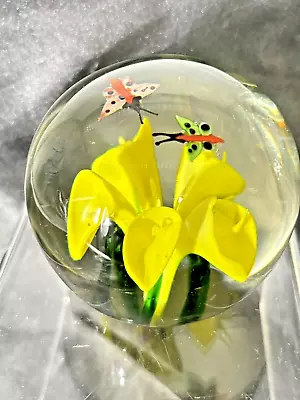 Vintage Murano? Yellow  Flower Butterflies Glass  Paperweight 3  • $22