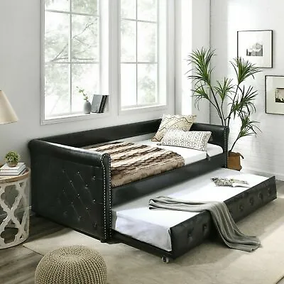 Twin Size Daybed With Trundle Upholstered Tufted Sofa Bed Button Copper Nail Sof • $532.94