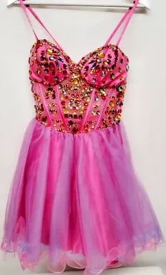 Ladies DAVE & JOHNNY Pink & Blue Ruffle Prom/Evening Dress Size 8 - CG L24 • £7.99