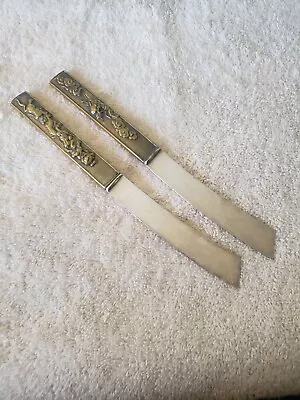 Brass Handled Pair Kozuka Japanesque KNIVES W/J Russell Silverplated Blades • $175