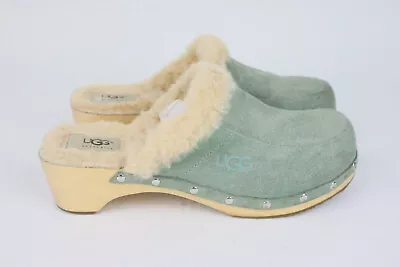 UGG Australia Kalie Womens Size 9 Light Blue Suede Sheepskin Wooden Clogs Shoes • $27.95