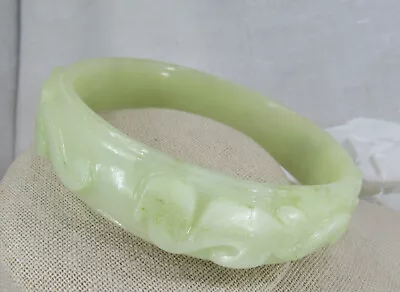 Vintage White Light Green  Jade Carved Cat Bangle Bracelet • $124