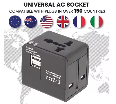 Worldwide Universal Travel Adapter & Charger | 2/3 Pin Plug + USB | UK US EU AU • £2.95