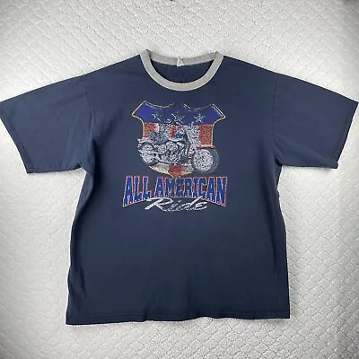 Vintage 90s All American Ride Biker Mens T-Shirt Blue Size XL USA Faded Colorful • $15