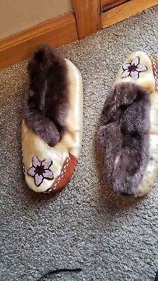 Rabbit ? Natural Fur Cozy Moccasins Bootie Native Tribe Woman Slipper Sz 7.5 • $119.99