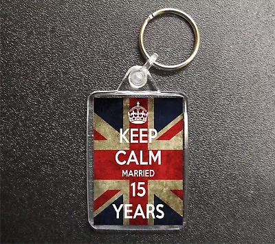 Keep Calm Married 15 Years Union Jack Keyring Wedding Anniversary Crystal • £3.50