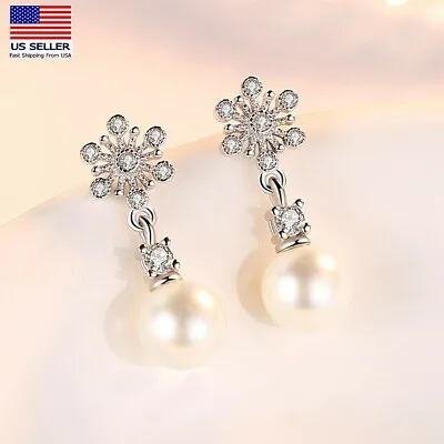 $9.99 • Buy Women 925 Sterling Silver Jewelry Crystal Earrings Snowflake Pearl Tassel 0148