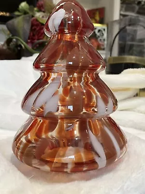 $9.75 • Buy Glass Christmas Tree Table Top Decor 9” Tall  19” Round At Bottom Red And Shite