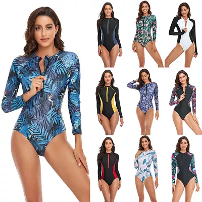 Ladies Long Sleeve Swimsuit One Piece Swimsuit Sun Protection Surfing Wetsuit • £11.15