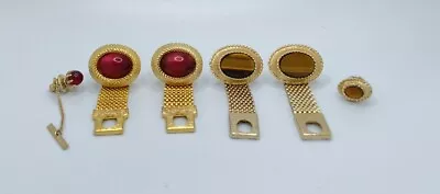 Vintage Gold Tone Tiger's Eye And Red Stone Wrap Mesh Cuff Links W/ Tie Tac • $18.49