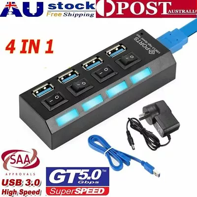 $4.99 • Buy 4 Port USB 3.0 HUB Powered AC Adapter Cable High Speed Splitter Extender & Kit