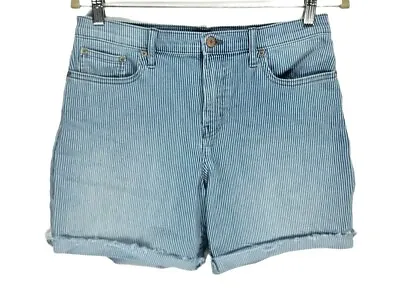 $7.49 • Buy Calvin Klein Jeans Blue Striped Short Jean Raw Ham Women Size 8 Mid Rise 