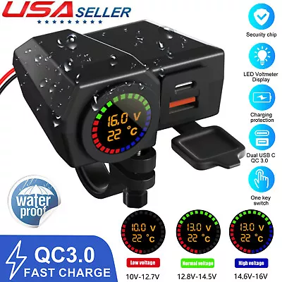 LED Waterproof Motorcycle Dual USB Phone GPS QC 3.0 Type-C Fast Charger Adapter • $14.48